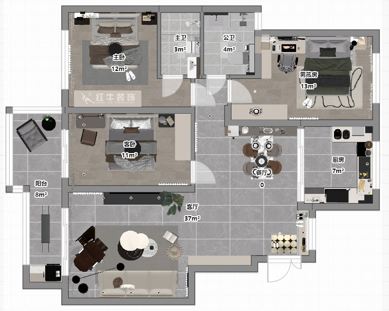 魏明花｜紫金东郡57-504-113㎡-现代简约风格｜3室2厅2卫｜二手房改造｜定制家｜全包16万｜00_03平面彩图